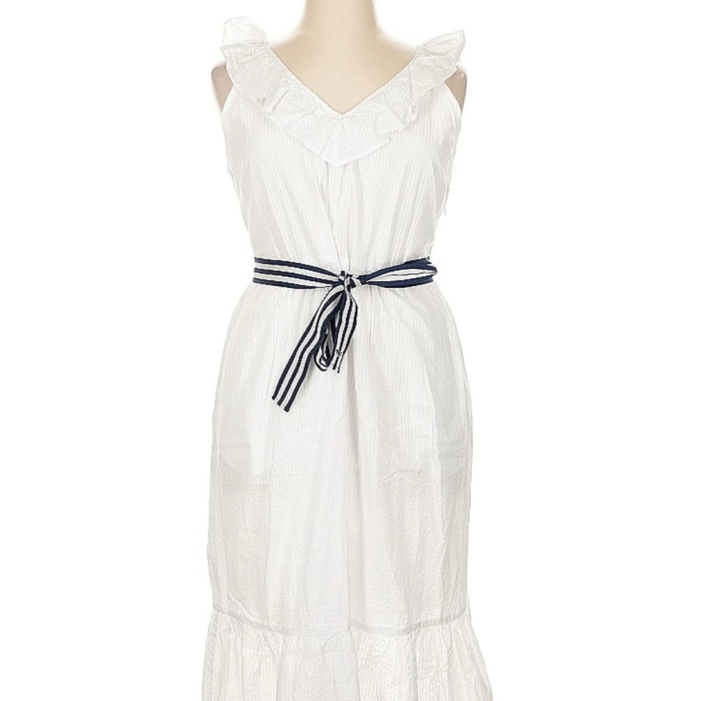 White Ruffle Dress with Striped Belt